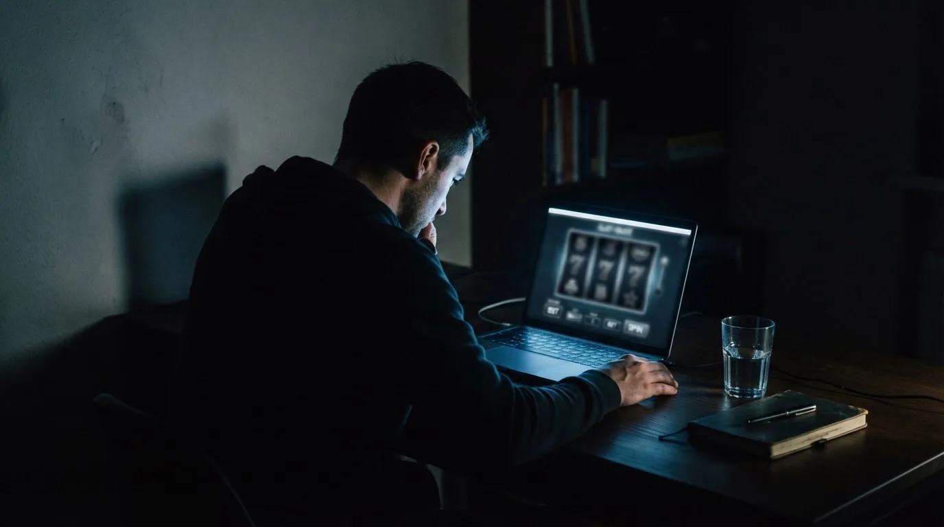 Personne assise seule face à un écran d'ordinateur tard le soir, pièce faiblement éclairée.
